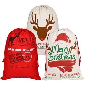 TUPARKA 3 PCS Christmas Canvas Bags Santa Sack Bag for Gifts Christmas Bag with Drawstrings 3 Patterns Large Size 70 X 50cm