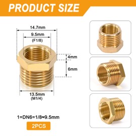 Reducer, 2 pieces 1/4 inch female thread x 1/8 inch male thread pipe fitting with brass thread, hex socket made of brass for water pipe, air, oil