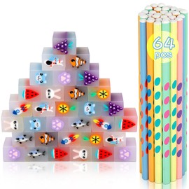 Runxin 64 PCS Novelty Pencil and Rubber Set,32 Cute Rubbers Erasers for Kids & 32 Triangle Pencils for Kids,Fun Stationery Set Makes a Great for School Class (Triangle Pencil)