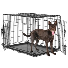 Sweetcrispy Large Dog Crate with Divider Panel, 36 Inch Double Door Folding Metal Wire Dog Cage with Plastic Leak-Proof Pan Tray, Pet Kennel for Indoor, Outdoor, Travel, 36S
