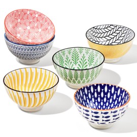 Torre & Tagus Kiri 8oz Porcelain Bowls Set of 6, Colorful Ice Cream Bowls for Kitchen and Decorative Bowl Set for Snacks/Dipping Sauce Cups with Assorted Patterns, Microwave Fridge & Dishwasher Safe