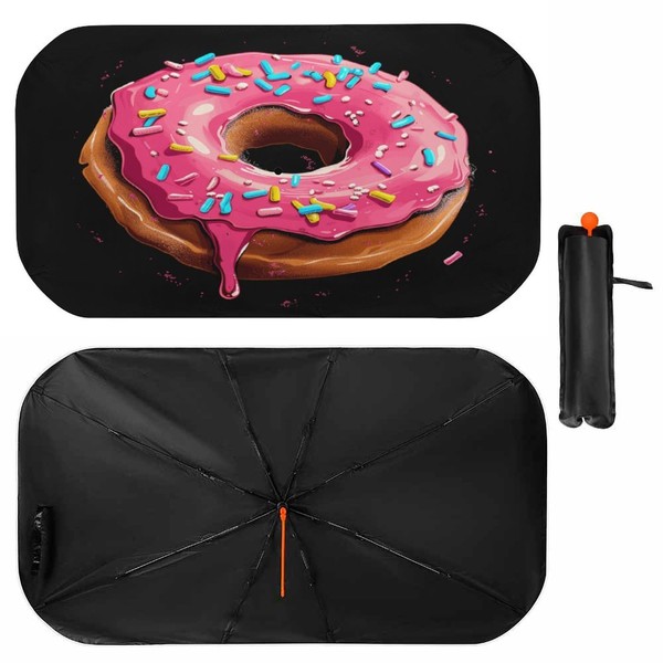 Buyidec Car Windshield Sunshade Umbrella Pink Cartoon Donut Painting Foldable
