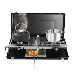 3 Burner Modern Portable Cooking Propane Butane Gas Camping Stove with Removable Grid and Tray, Portable Tabletop Cooking Stove with Handle & Windshield For Car Camping Bbq Picnics Outdoor Cooking