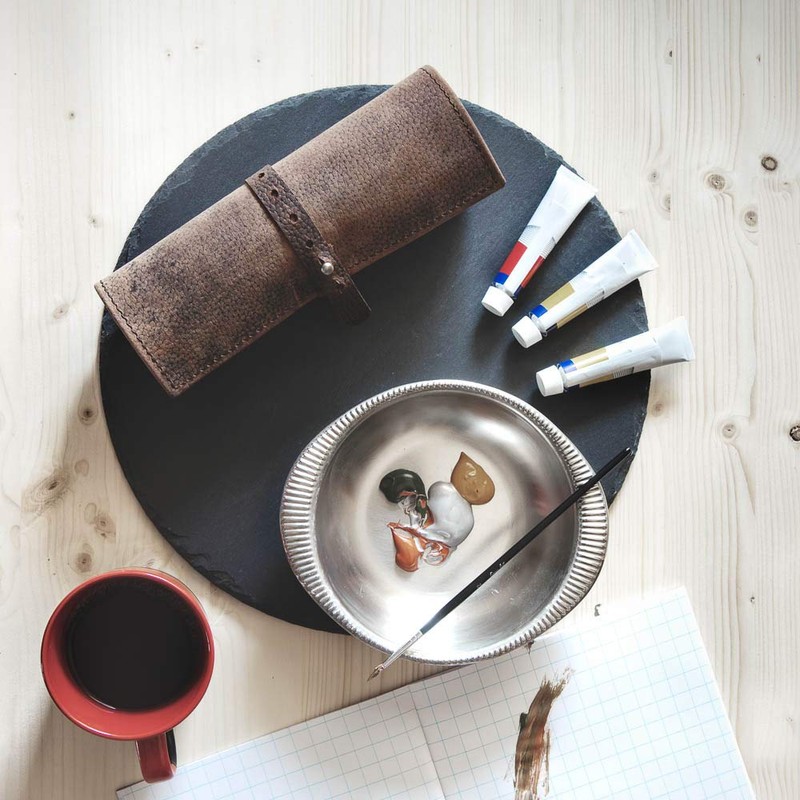 Exclusive Pencil Roll Pencil Case Large Buffalo Leather Cognac Brown