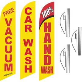 GLOBAL ADVERTISING SOLUTIONS Free Vacuum With Wash Car Wash and 100 % Hand Wash Feather Flag Eye Catching Banner Sign for Business and Marketing Complete Set of three with 15 ft Pole Kit and Ground Spike
