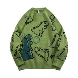 Gihuo Women Dinosaur Oversized Sweater Graphic Crewneck Knitted Pullover Casual Loose Fit Jumper Tops(Green-L)
