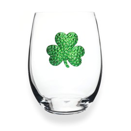 THE QUEENS' JEWELS Shamrock Jeweled Stemless Wine Glass, 21 oz. - Unique Gift for Women, Birthday, Cute, Fun, St Patricks Day, Not Painted, Decorated, Bling, Bedazzled, Rhinestone
