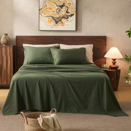 Overket 100% Linen Sheets Queen Size,Breathable & Durable 4-Piece Bed Flax Sheet Set,Soft All-Season Bedding for Hot Sleepers 16" Deep Pocket Oeko-TEX Certified,（Queen, Forest Green）