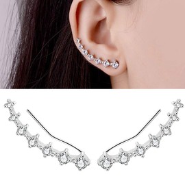 7 Crystals Ear Cuffs Stud Climbers Earrings S925 Sterling Silver Hypoallergenic Arete