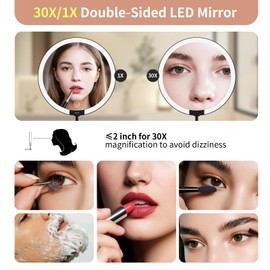 30X/1X Wall Mounted Lighted Makeup Mirror, 6inch Double Sided 1X/30X Magnifying Makeup Mirror with 3 Color Lighting, Rechargeable Bathroom 30X Magnification Mirror 360° Rotation Extendable Folding Arm