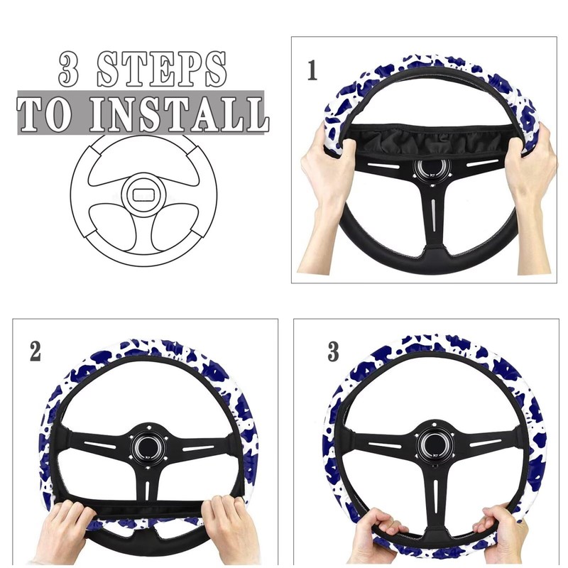 DBBXHZJY Blue Cow Print Steering Wheel Cover Women Non Slip