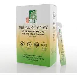 All Nature Billion Complex, Probióticos 10 Billones, Pre, Pro y Post Bióticos en Polvo, Sabor Limón, 30 Stickpacks de 2g, con Vitamina D3 y Zinc