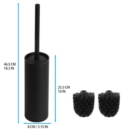 Round Toilet Brush Holder, Toilet Brush with 304 Stainless Steel Long Handle, Toilet Bowl Brush for Bathroom Cleaning, Drip-Proof, 2 Brush Head, Black