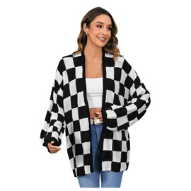 SHENHE Women's Oversized Plaid Outwear Open Front Knit Sweater Long Sleeve Casual Cardigan Black and White Medium