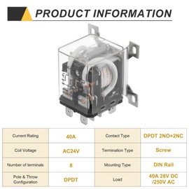 PATIKIL AC24V 40A Electromagnetic Relay, High Power Relay DPDT 2NO 2NC 8 Terminals Din Rail Mounting
