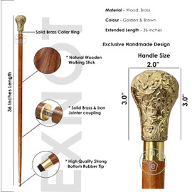 EXNOT 37'' Walking Sticks in Natural Oak Wood with Brass Handle - Elegant Brass Walking Cane and Accessories Telescope Foldable Beautiful Natural Walking Cane