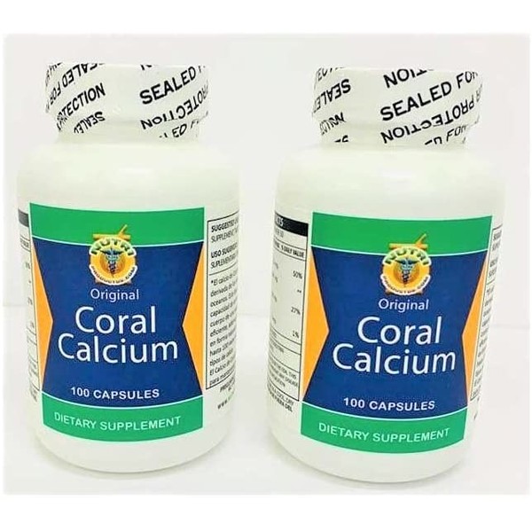 Calcio de Coral Set de 2 frascos con 100 capsulas CADA uno. Reforzado con Vitamina D y Magnesio.Combate: Cansancio, Dolor de huesos, insomnio, Calambres, Artritis. 100% Natural.