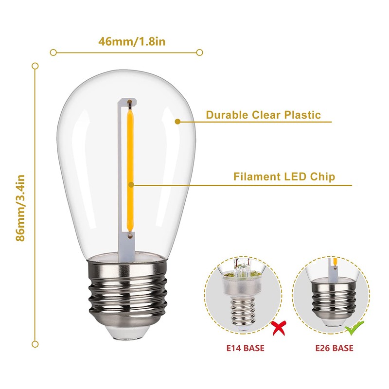 CLSETAIC Shatterproof,Waterproof S14 String Light Bulbs,Led Patio Lights Outdoor Waterproof