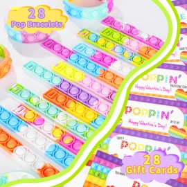Kiddokids 28 Packs Valentines Day Gift Cards with Pop Fidget Bracelets Toy for Kids, Stress Relief Sensory Toy for School Classroom Valentine’s Exchange Greeting Cards, Boys Girls Party Favors
