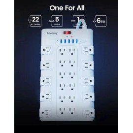 Super Danny Surge Protector Power Strip 22 AC Outlets 6 USB Ports Type C Super Danny 6.5Ft - White