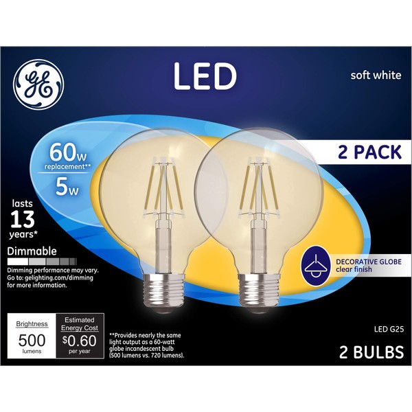 GE LED Light Bulbs, 60 Watt, Soft White, G25 Globe Bulbs, Clear, Medium Base (2 Pack)