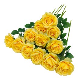 ATFL Lote de 12 rosas artificiales amarillas, flores artificiales amarillas, tallos amarillos, flores artificiales a granel, rosas artificiales de seda, rosas artificiales con tallos