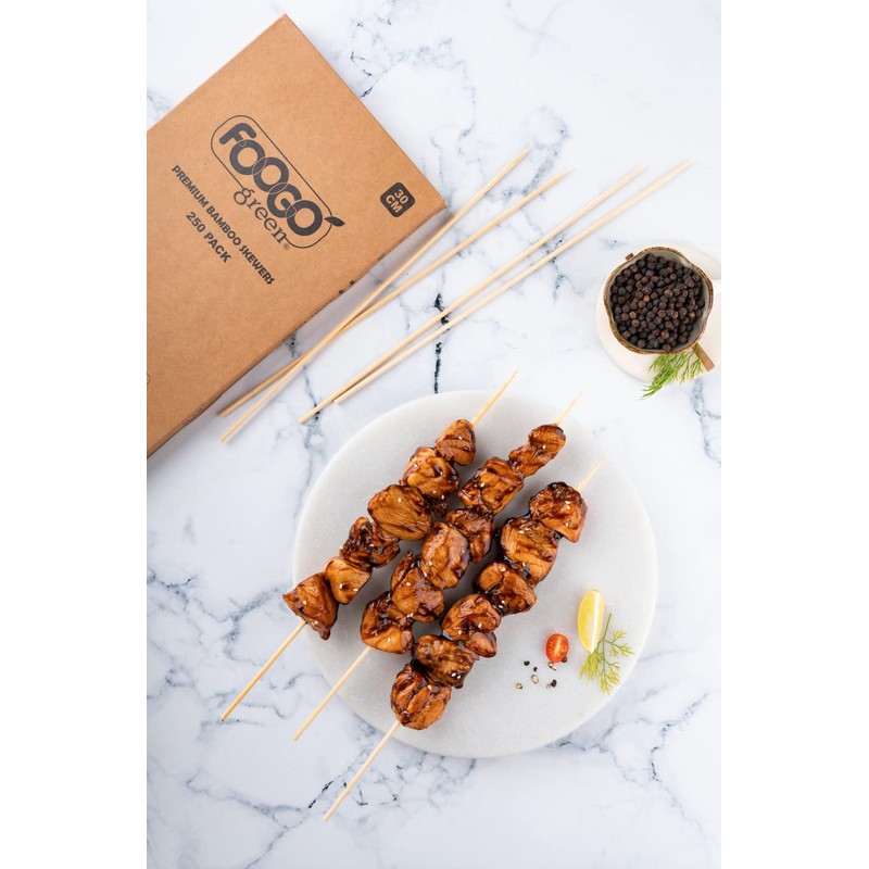 FOOGO Green 250pcs Bamboo Skewers, Large 30cm, Sturdy Eco-Friendly Wooden