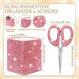 Qilery 8 Pcs Bling Desk Accessories for Valentines with 1 Bling Pen Holder 6 Pcs Crystal Rhinestone Pens 1 Crystal Scissors Glitter Crystal Makeup Brush Holder Vanity Decor Organizer(Pink)