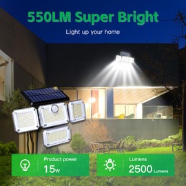 Solar Wall Lamp, 4-Head Solar Power Light, 333 LED Solar Light, Wireless Flood Lights Outdoor，3000 Lumens, 6500K, Motion Sensor, IP65 Waterproof, 270° Lighting Range for Street, Garden, Pathway（1Pack