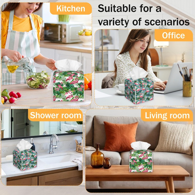 Tropical Palm Leaf Flamingo 2 Pcs Tissue Box Cover Square
