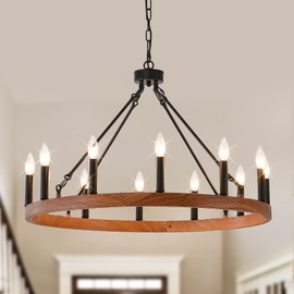 EGM 32" Wood-Grain Wagon Wheel Chandelier, 12-Light E12 Farmhouse Metal Chandeliers for Dining Room, Kitchen Island, Round Rustic Ceiling Light Fixtures for Living Room, Foyer