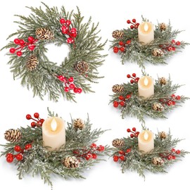 4 Pack Flocked Mini Christmas Wreath Candle Rings – 9"x3.5" Snowy Cypress Wreaths with 20 Branches 21 Red Berries & 3 Pinecones, Small Xmas Candle Wreath Decor for Cabinet Table Centerpiece Holiday
