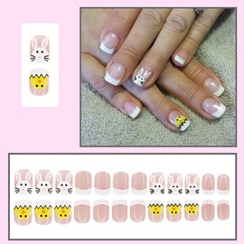 24Pcs Easter Fake Nails White French Tip Press on Nails Short Square False Nails Cute Chick Glue on Nails Cartoon Bunny Acrylic Nails White Rabbit Stick on Nails Glossy Artificial Nails Kit for Women