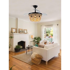 Boho Ceiling Fan with Light, Modern Ceiling Fan with 6 Speed, Wood Beads Flush Mount Ceiling Fans for Bedroom Living Dining Room Kitchen (42 inch)