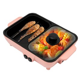 Electric Hot Pot with Grill 2 In 1 Non-Stick Electric Hot Pot and Frying Pan,Mini Shabu Shabu Pot & Griddle for Barbecue,Frying,Soup Making,Dual Temperature Control (Pink)