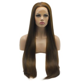 Lushy Straight Extra Long Silky Brown Honey Blonde Mix Wig Half Hand Tied Heat Resistant Heavy Density Synthetic Lace Front Wig
