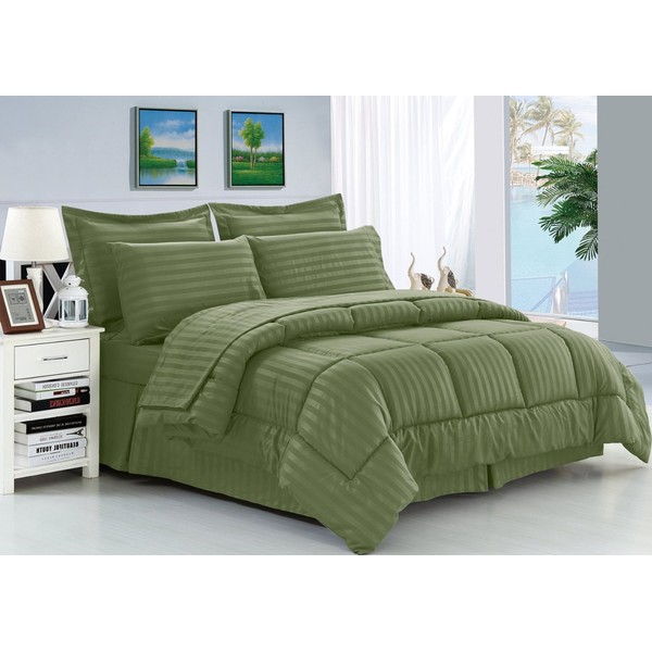 Elegant Comfort Wrinkle Resistant - Silky Soft Dobby Stripe Bed-in-a-Bag 8-Piece Comforter Set - King Sage