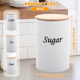 AHAQU 3PCS Tea Coffee and Sugar Canisters Set, 9.5x9.5x14.2cm Tea Coffee Sugar Jars with Bamboo Lids, Metal Kitchen Canister Sets White for Food Storage
