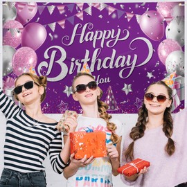 Happy Birthday Banner Purple, Happy Birthday Backdrop Purple Birthday Party Background Supplies Backdrop Props, Birthday Decorations for Men Backdrop Banner Photo Booth Sign 180×110cm