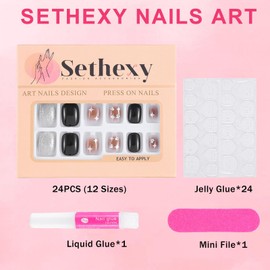 Sethexy Short Square Press On Nails Glitter Glossy Rhinestone False Nails with Design 24PCS Glossy Full Cover Art Fake Nail for Women and Girls (7)