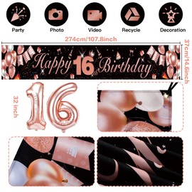 Sweet 16 Birthday Decorations,16th Birthday Decorations for Girls, Rose Gold 16th Happy Birthday Banner with Balloons, 16 year old Birthday Backdrop Yard Signs Sweet Sixteen Decor Supplies (9x1.2ft)