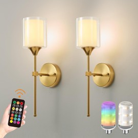 BCGMYLN Battery Operated Wall Sconces Set of Two, Gold Wireless Wall Light with USB Rechargeable LED Light Bulbs 12 Colors Dimmable Crystal Wall Lamp with Remote for Living Room, Bedroom, Hallway