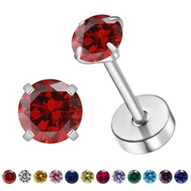 VDKIDKT Flat Back Birthstone Stud Earrings for Women Girls, 3mm Tiny CZ Flat Back Stud Earrings, Screw Back Tiny Earrings Studs, Cartilage/Tragus/Second Hole Earrings (Silver, 1.Jan-Garnet)