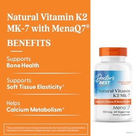 Doctor's Best Natural Vitamin K2 Mk-7 with MenaQ7, 100mcg Vitamin K2 Supplement Supports Bone Health, Non-GMO, 60 Veggie Capsules
