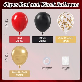 Red Black and Gold Balloons, 60pcs 12inch Red Black Gold Confetti Balloons for Birthday Casino Party Decorations
