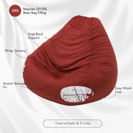 Tusrai Bean Bag Cover with Liner Only Washable Ultra Soft Stretch Faux Suede Velvety Bean Bag Chair Cover for Teens and Childrens (No Filler) Pear Style Medium - Burgundy Red