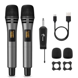 TONOR TONOR Wireless Microphones, UHF Dual Karaoke Microphone System, Microfonos Inalambricos with Rechargeable Receiver, Cordless Dynamic Mic Micro Set for Singing, Wedding, DJ, Party, Speech TW320 Grey