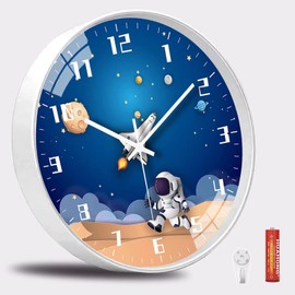 QINFIEY 12 Inch Silent Movement Kids Wall Clock, Non Ticking Children Round Wall Clock Battery Operated Space Travel Style Decor Children Clock for Home School Boys Bedroom Living Room (White)
