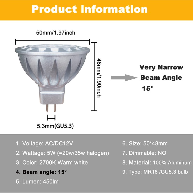ALIDE MR16 Led Bulbs 15 Degree 15° Narrow Beam Angle,GU5.3