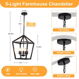 Black Pendant Lights Kitchen Island 13 Inch, 5-Light Farmhouse Pendant Light, Iron Lantern Pendant Light Fixtures , Adjustable Height Cage Farmhouse Chandelier Island Lights for Kitchen Foyer